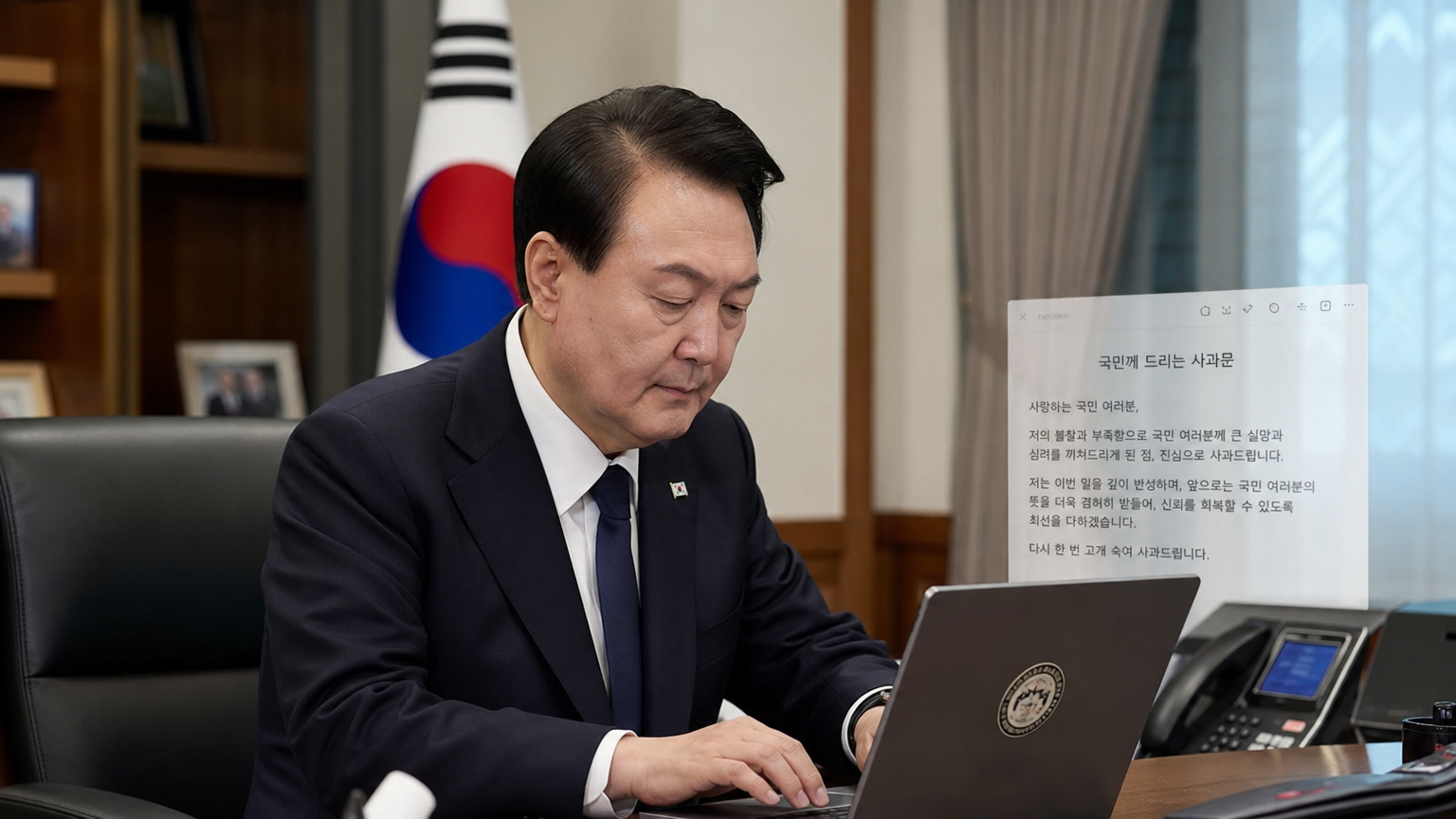 개인 사무실에서 노트북으로 사과문을 작성하는 한국 정치인의 모습