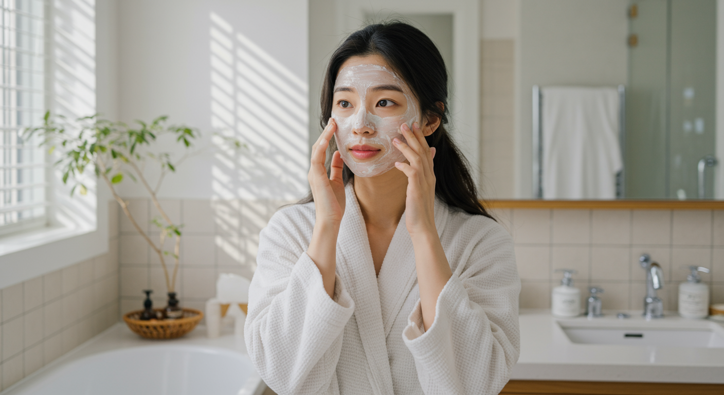 미니멀한 욕실에서 자연 추출물을 이용해 얼굴 팩을 바르는 젊은 여성
