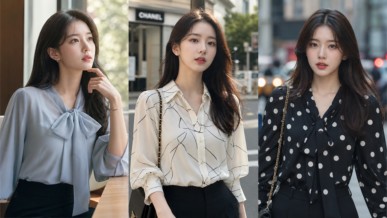 김고은 배우가 다양한 디자인의 블라우스를 입고 도시 환경에서 여러 패션 무드를 보여주는 모습