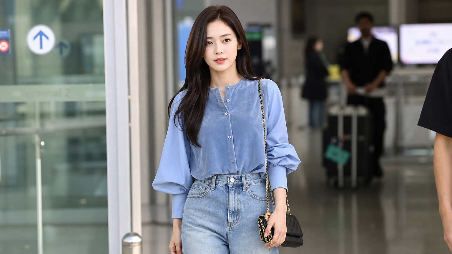 공항에서 라이트 블루 코튼 포플린과 벨벳 소재 블라우스를 입고 있는 여배우