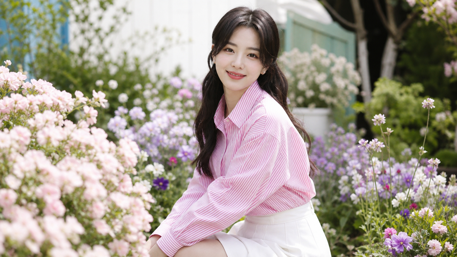 봄 테마의 화보 촬영에서 분홍색 줄무늬 블라우스와 하얀 치마를 입고 꽃들 사이에 있는 모습