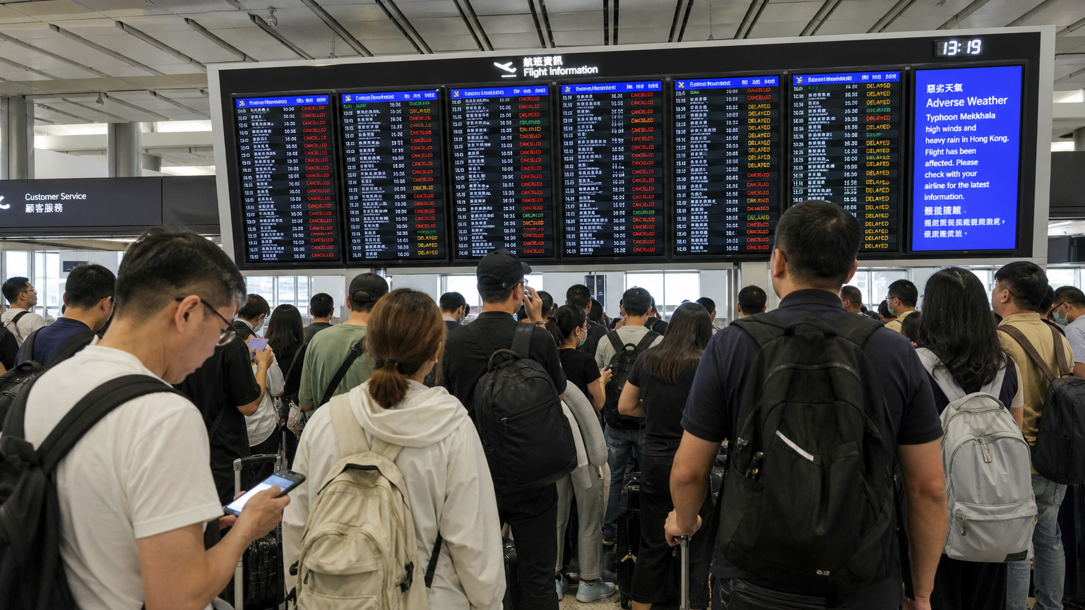 태풍으로 인해 발이 묶인 승객들로 가득한 공항 출발 홀 모습