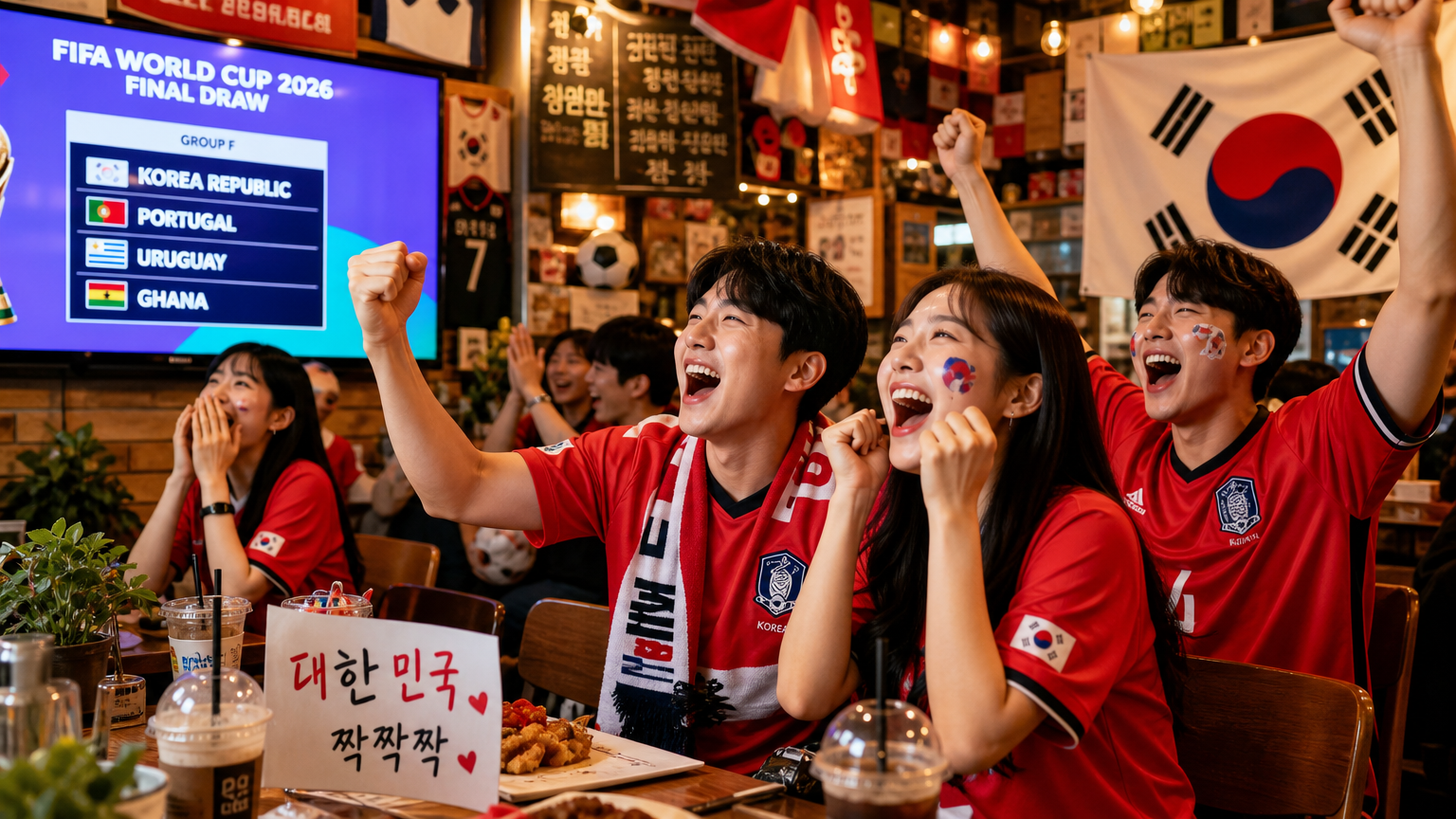카페에서 흥분한 축구 팬들이 월드컵 추첨을 시청하는 장면