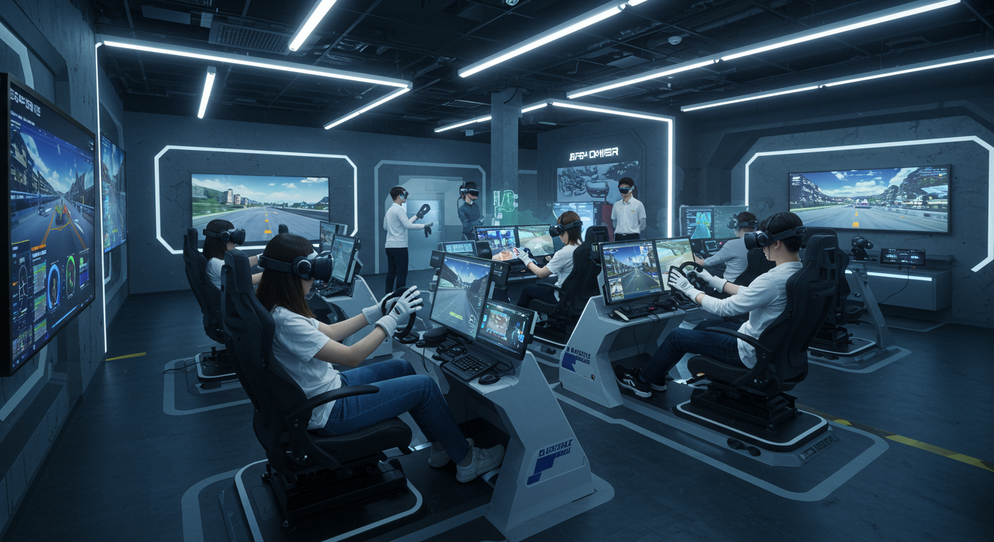 최첨단 VR 시뮬레이터와 AI 시스템이 있는 실내운전연습장에서 연습하는 사람들