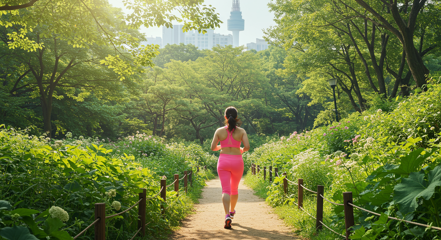 서울의 공원 산책로를 달리는 한국 여성