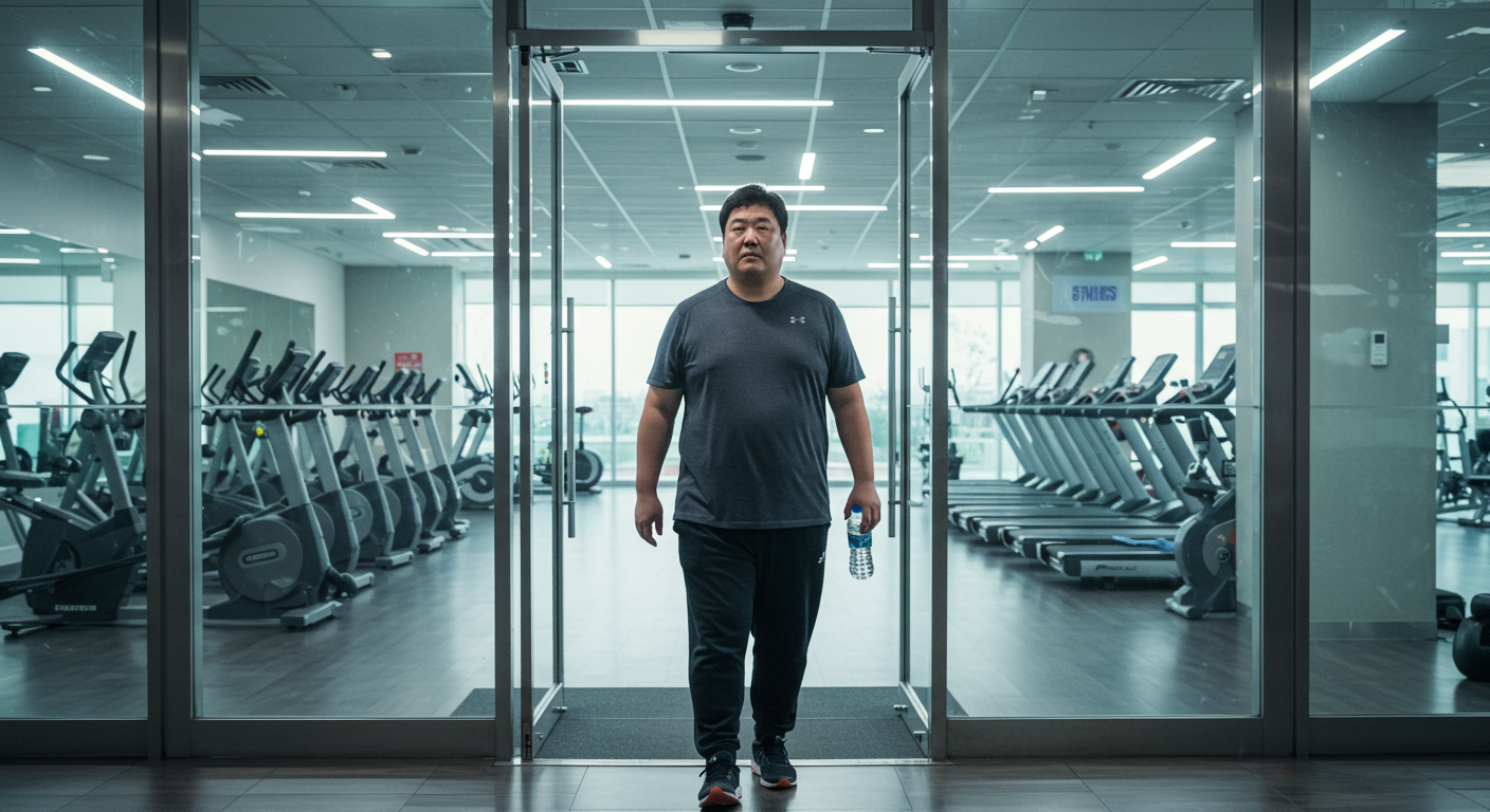 체중 감량을 결심한 한국인이 헬스장 입구에서 서 있는 모습