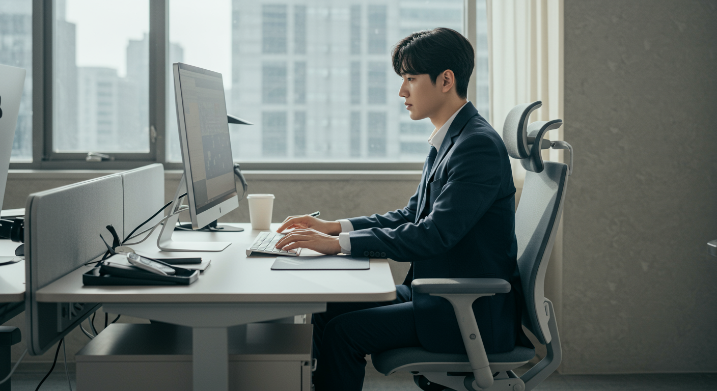 바른 자세로 책상에서 일하는 젊은 한국 직장인