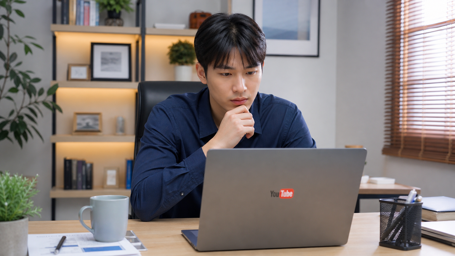 현대적인 사무실에서 노트북으로 유튜브를 시청하는 한국 직장인