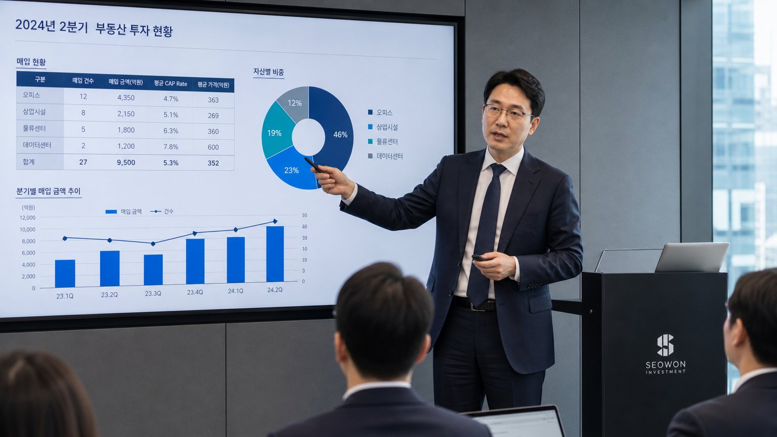 사무실에서 대형 화면을 통해 부동산 투자 정보를 발표하는 중년의 한국 비즈니스맨