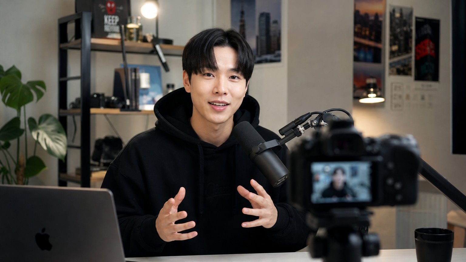 가정 스튜디오에서 첨단 장비를 사용해 영상을 녹화하는 자신감 있는 한국 크리에이터