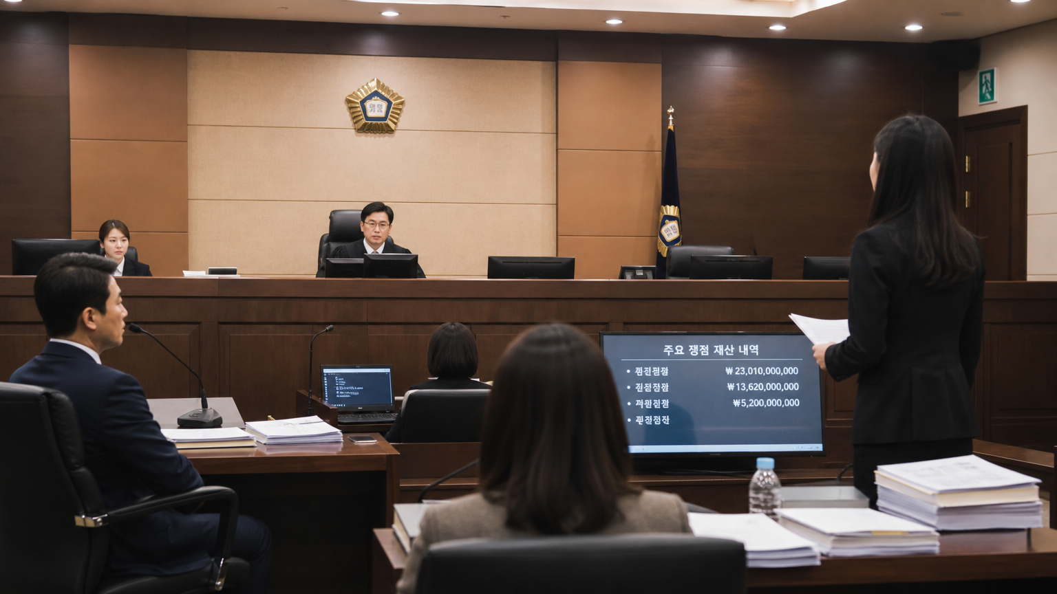 현대적인 한국 법정에서 대형 이혼 소송을 다루는 모습
