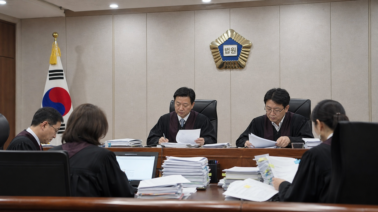 서울가정법원 내부에서 판사들이 중요 이혼 소송의 재산 분할 서류를 검토하는 장면