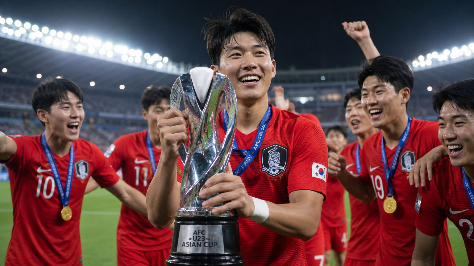 젊은 축구 선수가 트로피를 들고 동료들과 경기장에서 환호하는 장면