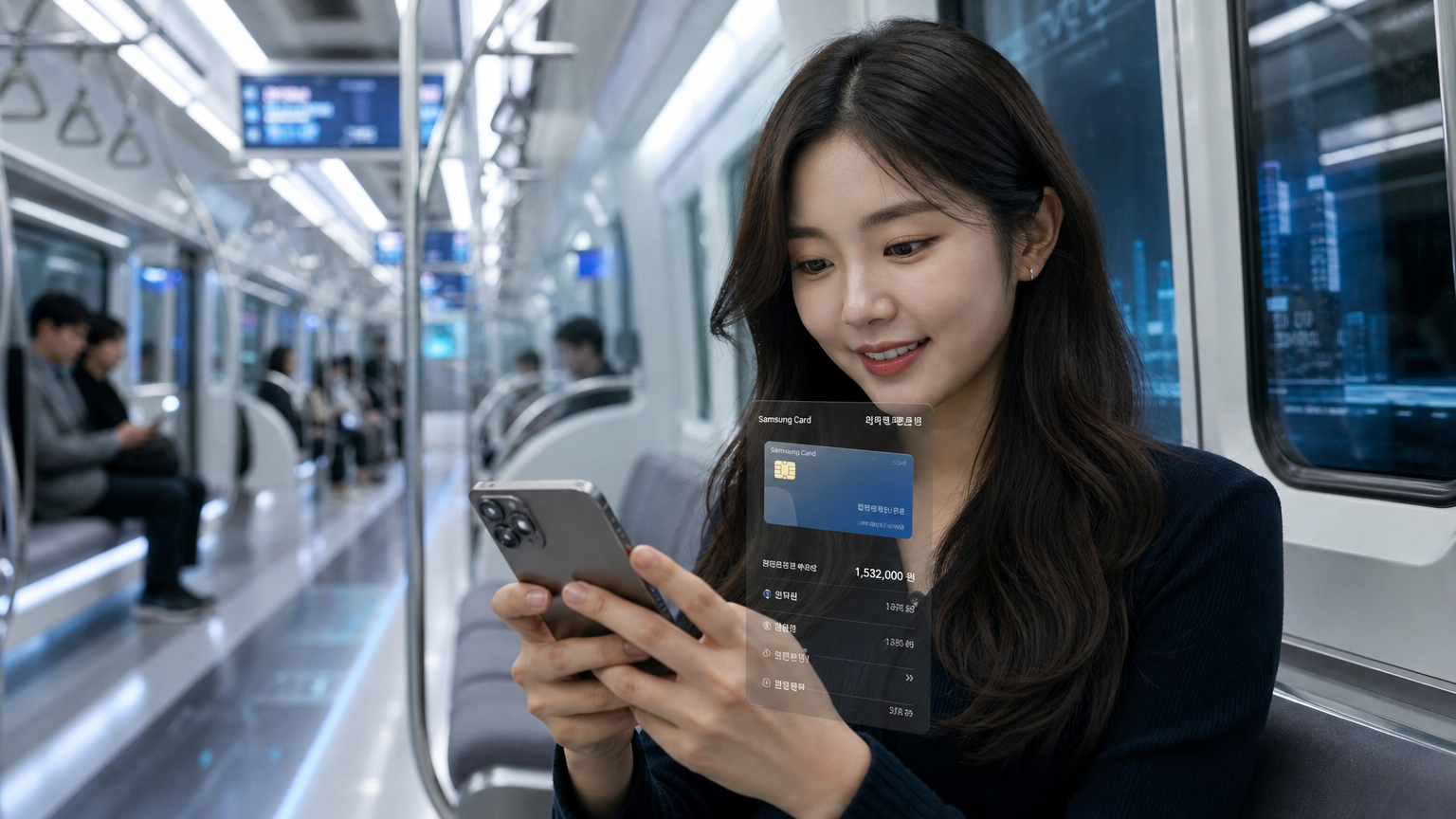 첨단 지하철 안에서 삼성카드 앱을 사용하는 여성의 모습