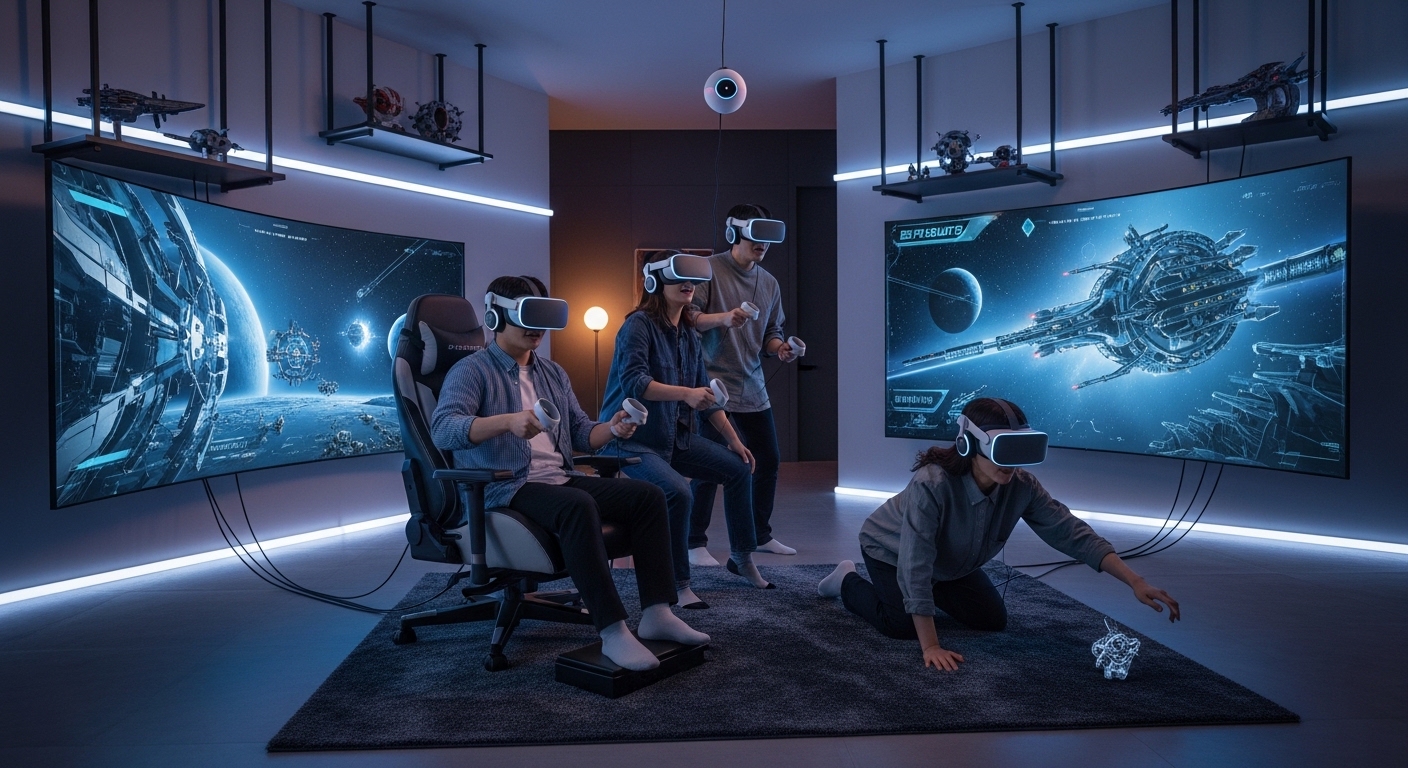 젊은 이들이 집에서 '프로젝트헤일메리' VR 게임을 즐기는 미래지향적 분위기의 방