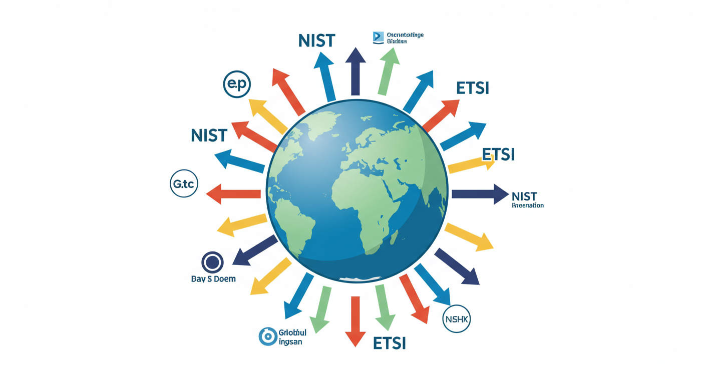 NIST 및 ETSI 같은 주요 글로벌 기관을 향하는 화살표로 둘러싸인 지구본
