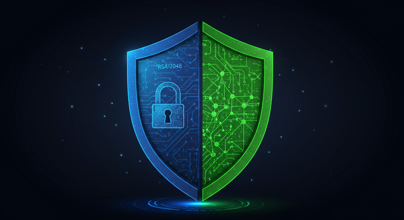 RSA-2048과 CRYSTALS-KYBER를 상징하는 이중 레이어 암호화 방패