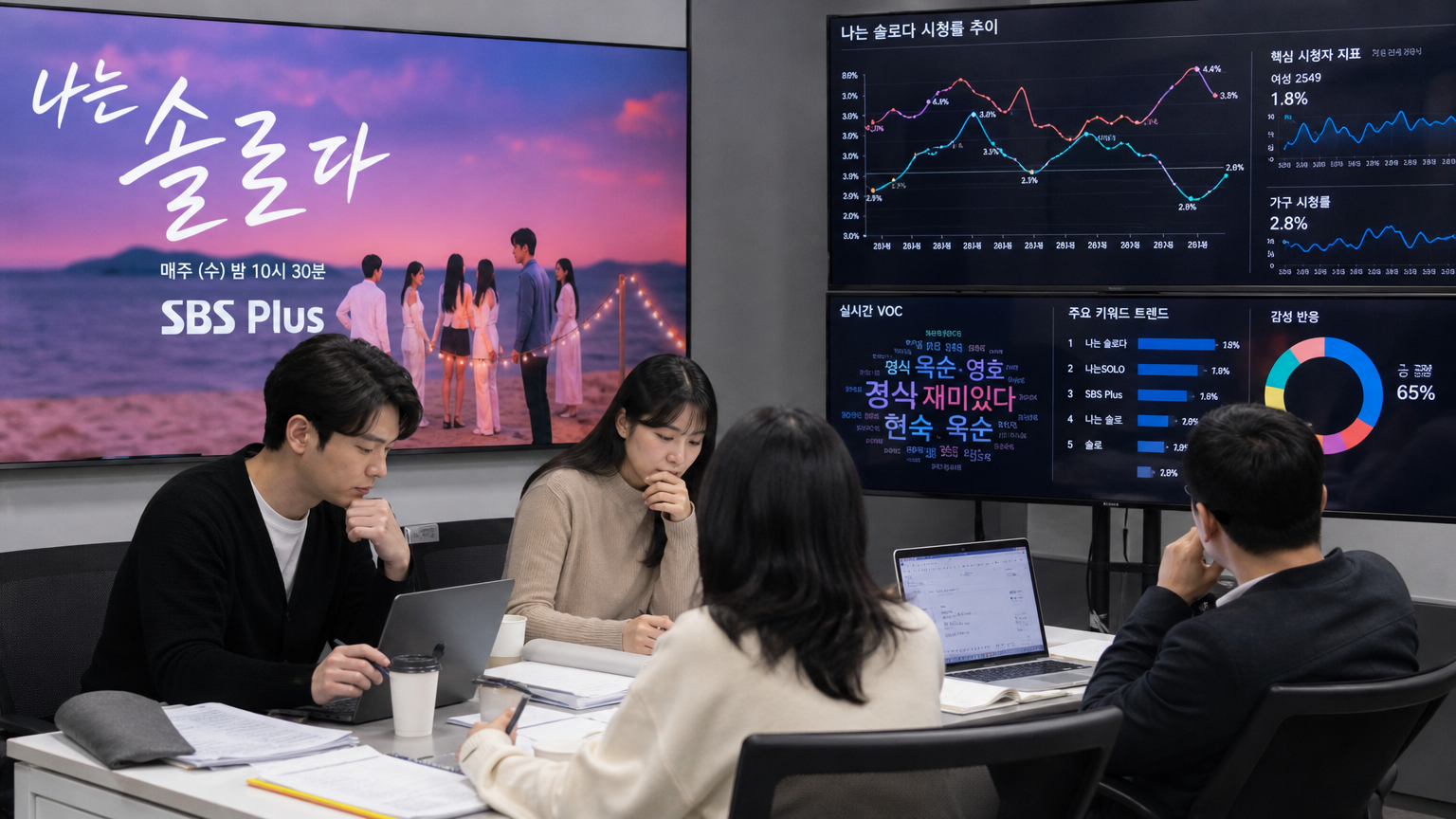 미디어 팀이 스튜디오에서 TV 시청률과 소셜 미디어 트렌드를 분석하는 장면