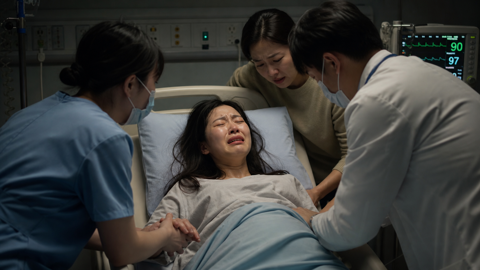 병원 침대에 누워있는 여성 주변으로 의료진이 걱정스러운 표정으로 둘러싼 긴장된 장면