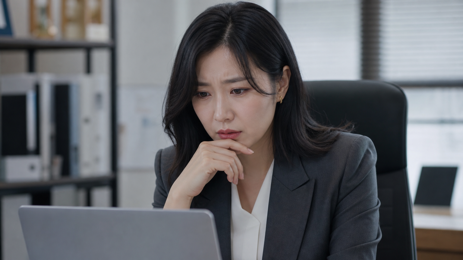 사무실에서 노트북 화면을 보며 생각에 잠긴 직장 여성의 모습