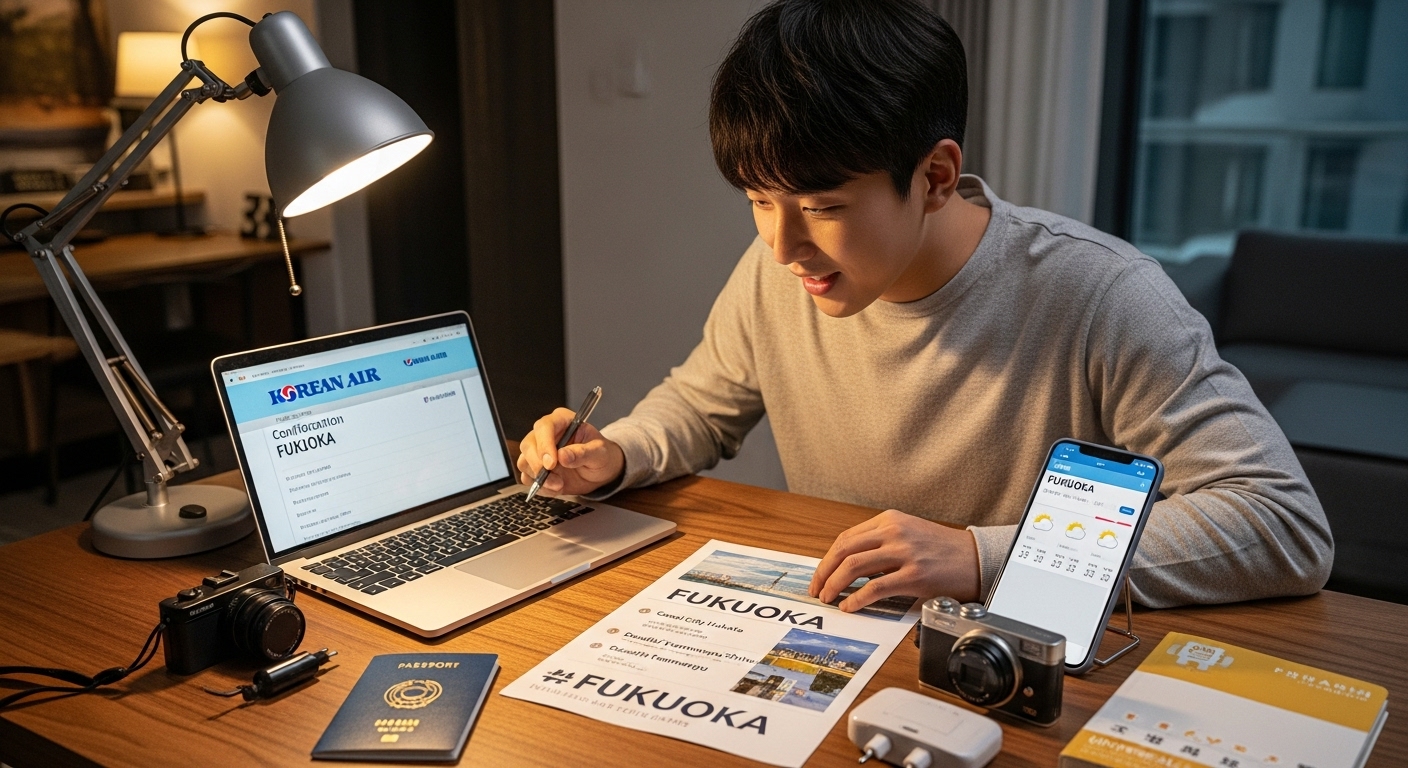 후쿠오카 여행을 준비하는 젊은 여행자가 책상 위에 여권과 일정을 정리하는 모습