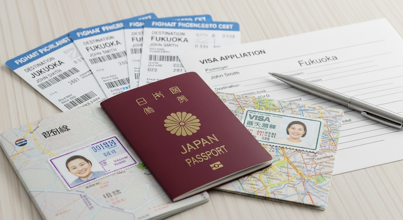 깨끗한 테이블 위에 놓인 여권과 비자 신청서 등 필수 서류의 클로즈업