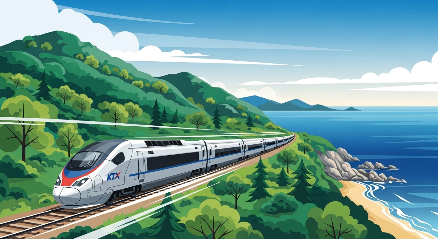 현대적인 한국 열차가 해안선을 따라 달리는 모습