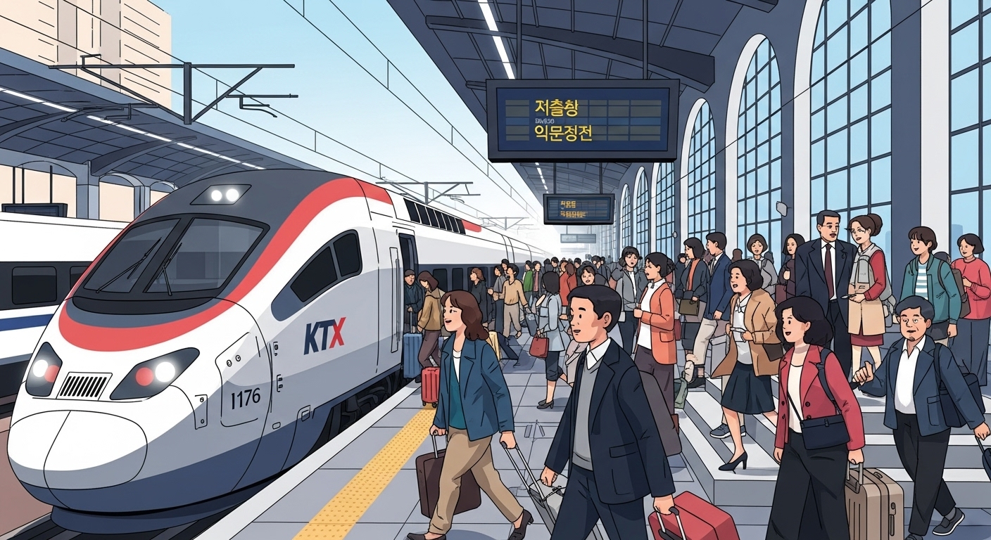 부산 역에서 고속열차를 탑승하는 승객들의 활기찬 모습