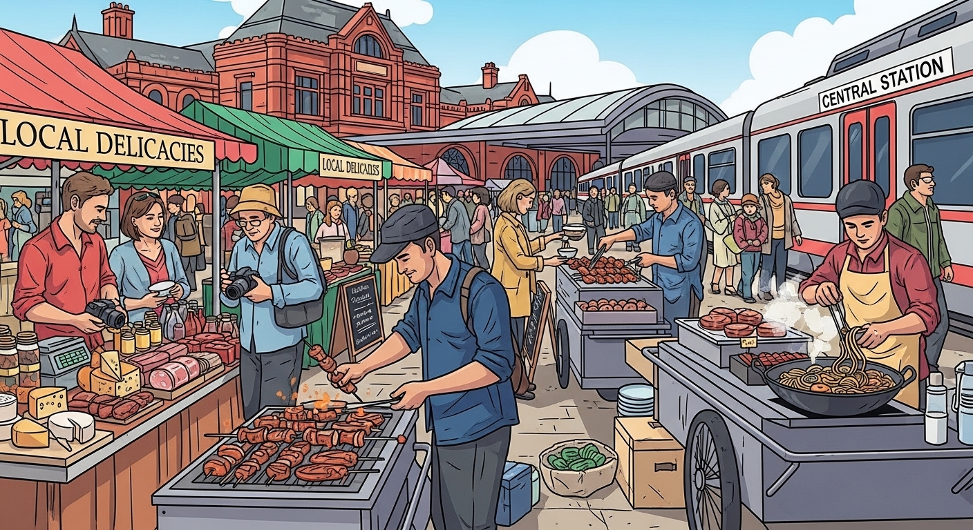 기차역 근처 지역 시장에서 쇼핑하는 관광객들 및 음식점 모습