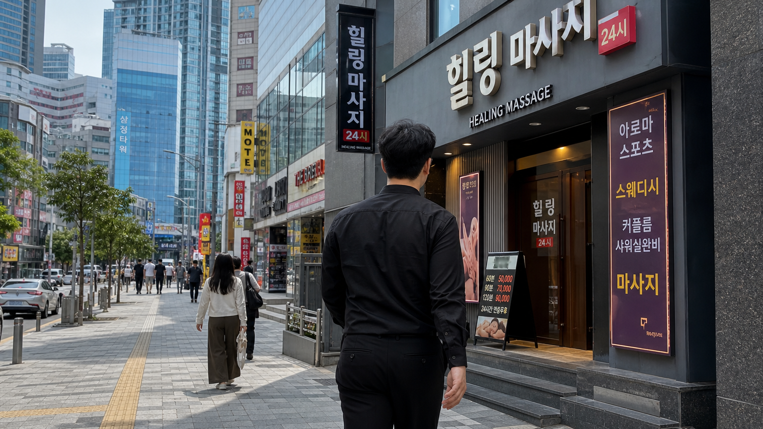 부산 문현동의 활기찬 거리 풍경 속에서 한 한국 남성이 마사지 스파로 향하는 모습