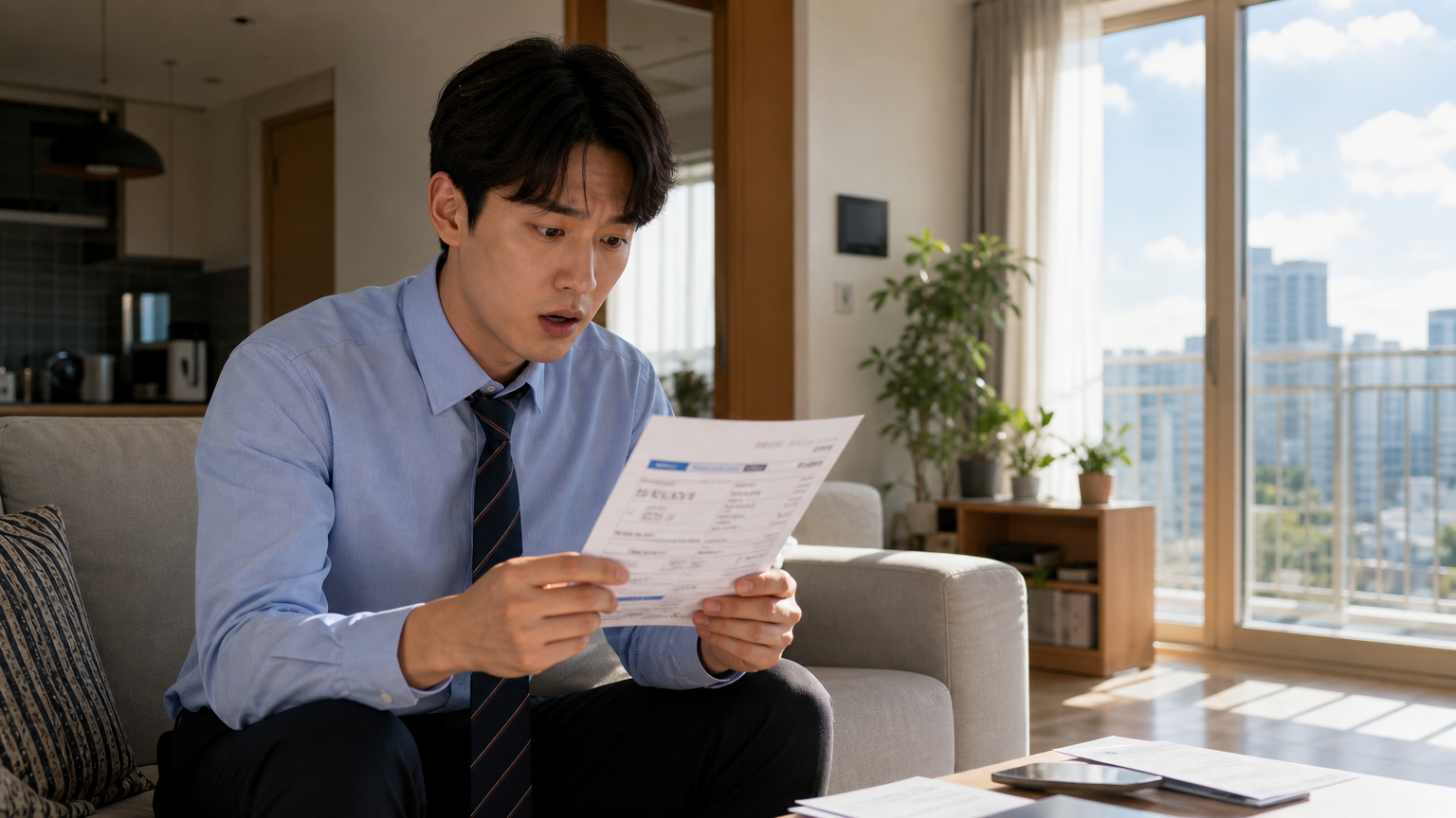 현대적인 아파트 거실에서 전기요금 고지서를 보고 놀라는 한국인