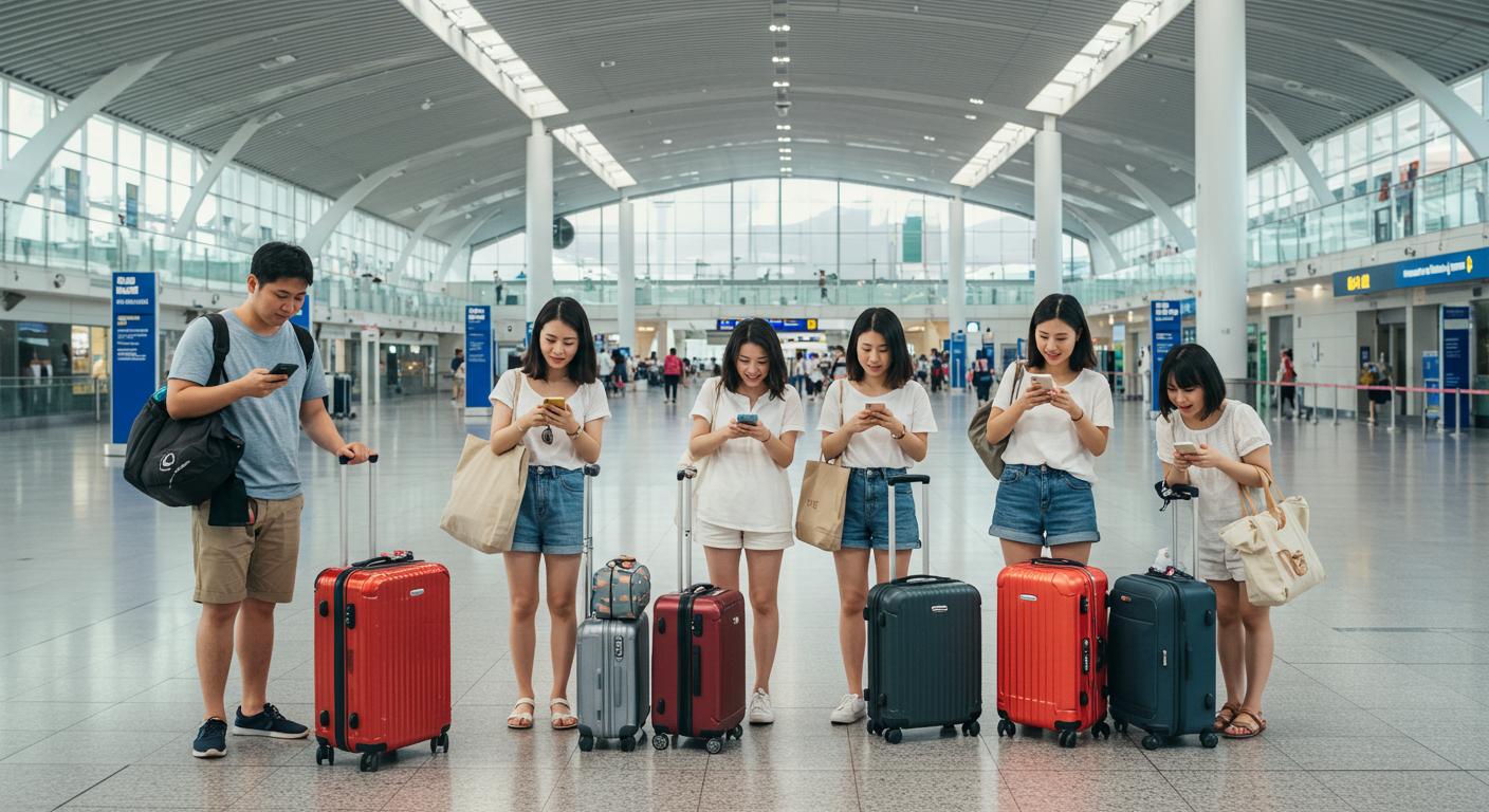 현대적인 공항 터미널에서 스마트폰으로 비행기 할인 정보를 확인하는 여행객들의 모습