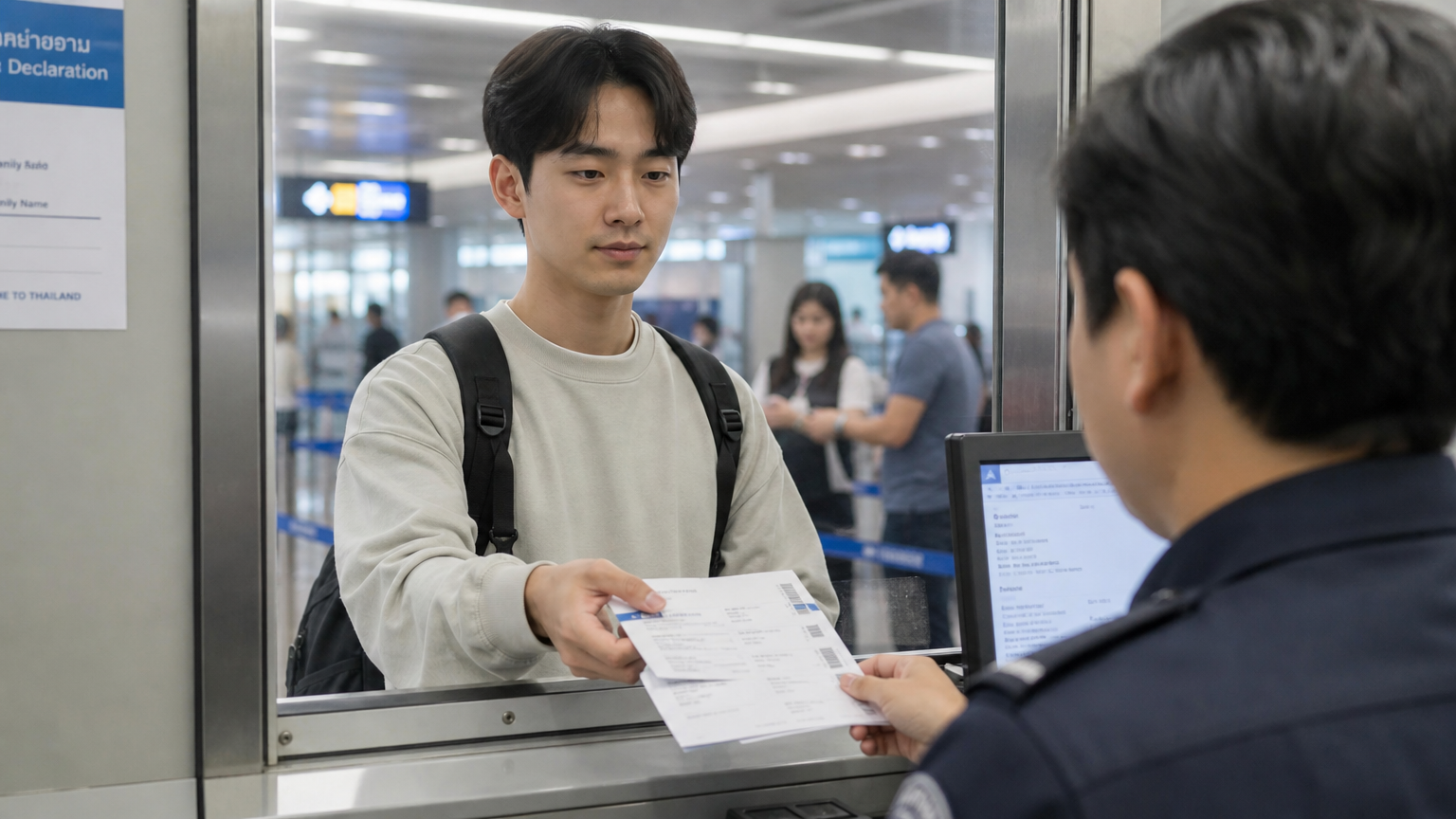 출입국 관리소에서 필요한 서류를 보여주는 장면