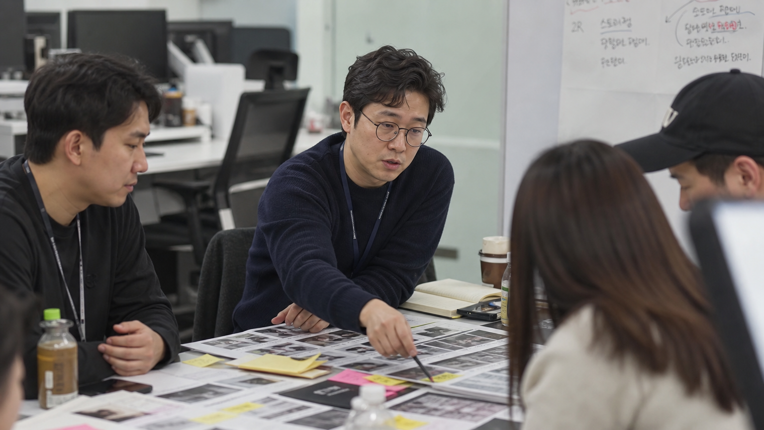 현대적인 사무실에서 아이디어 회의를 하고 있는 한국의 TV 프로듀서
