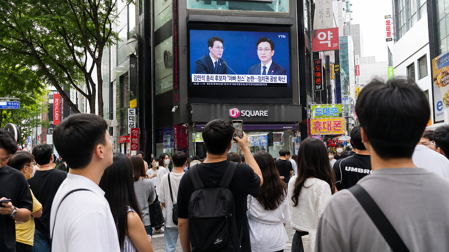 한국 거리를 배경으로 논란 뉴스가 디지털 화면에 표시되고 지나가는 사람들이 반응하는 모습