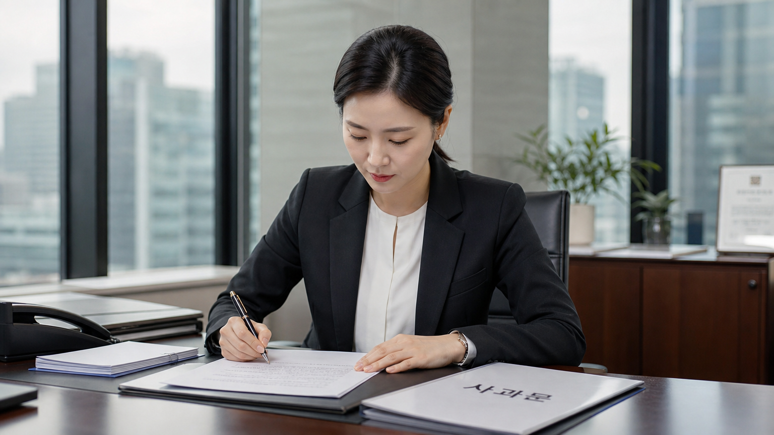 현대적인 사무실에서 공식 사과문을 작성 중인 한국인 사업가 여성