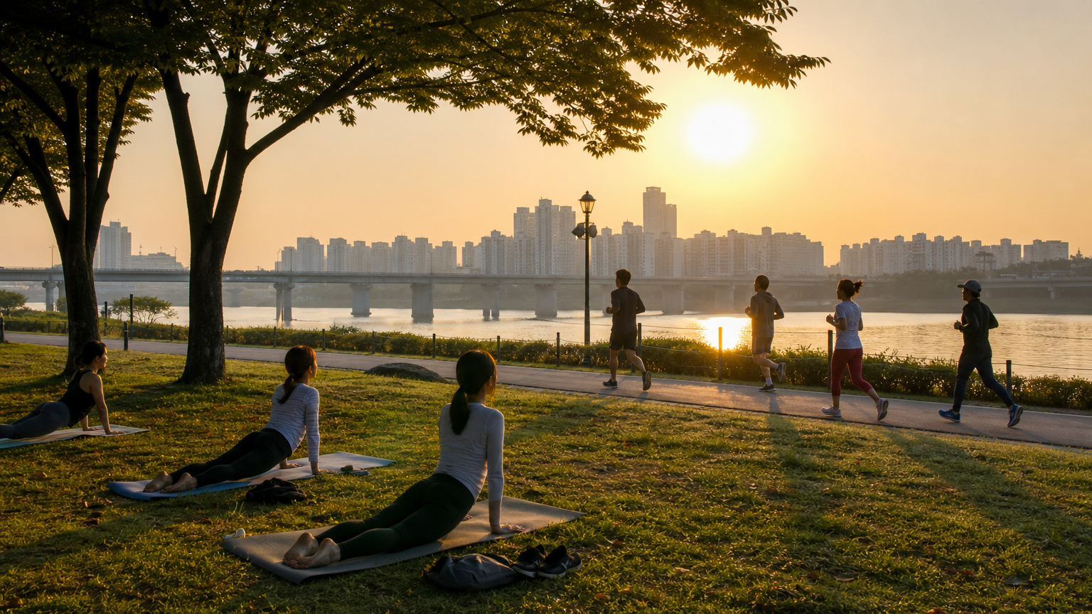 해가 뜨는 이른 아침 공원에서 조깅과 요가를 즐기는 다양한 사람들의 모습