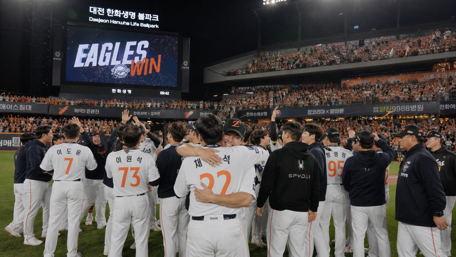 대전 한화생명 이글스파크에서 팬들이 응원하는 모습과 함께 승리를 축하하는 장면