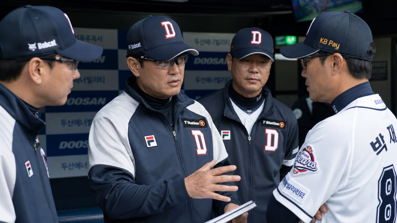 경기 시작 전 덕아웃에서 전략을 논의하는 코치들