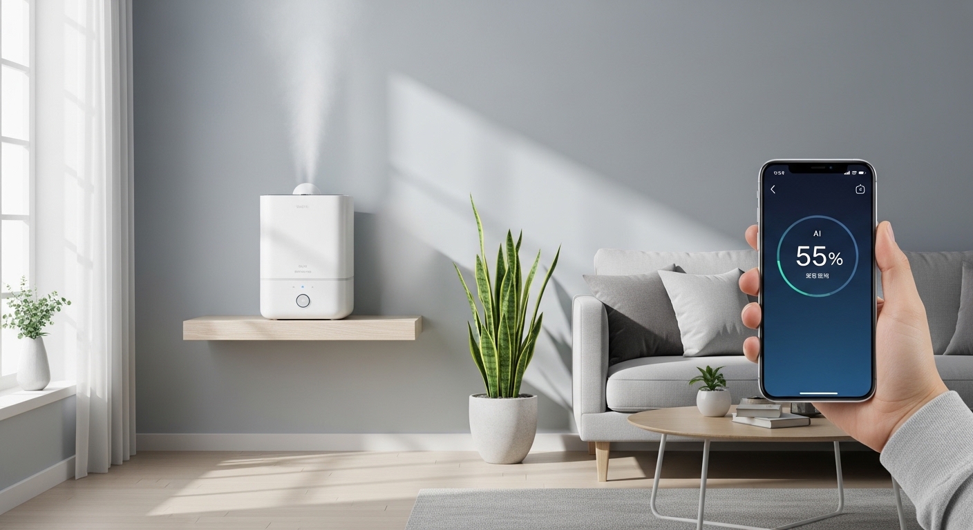 현대적인 거실에서 스마트 가습기가 선반 위에 놓여 있고 스마트폰 화면에 습도 수치가 표시된 모습