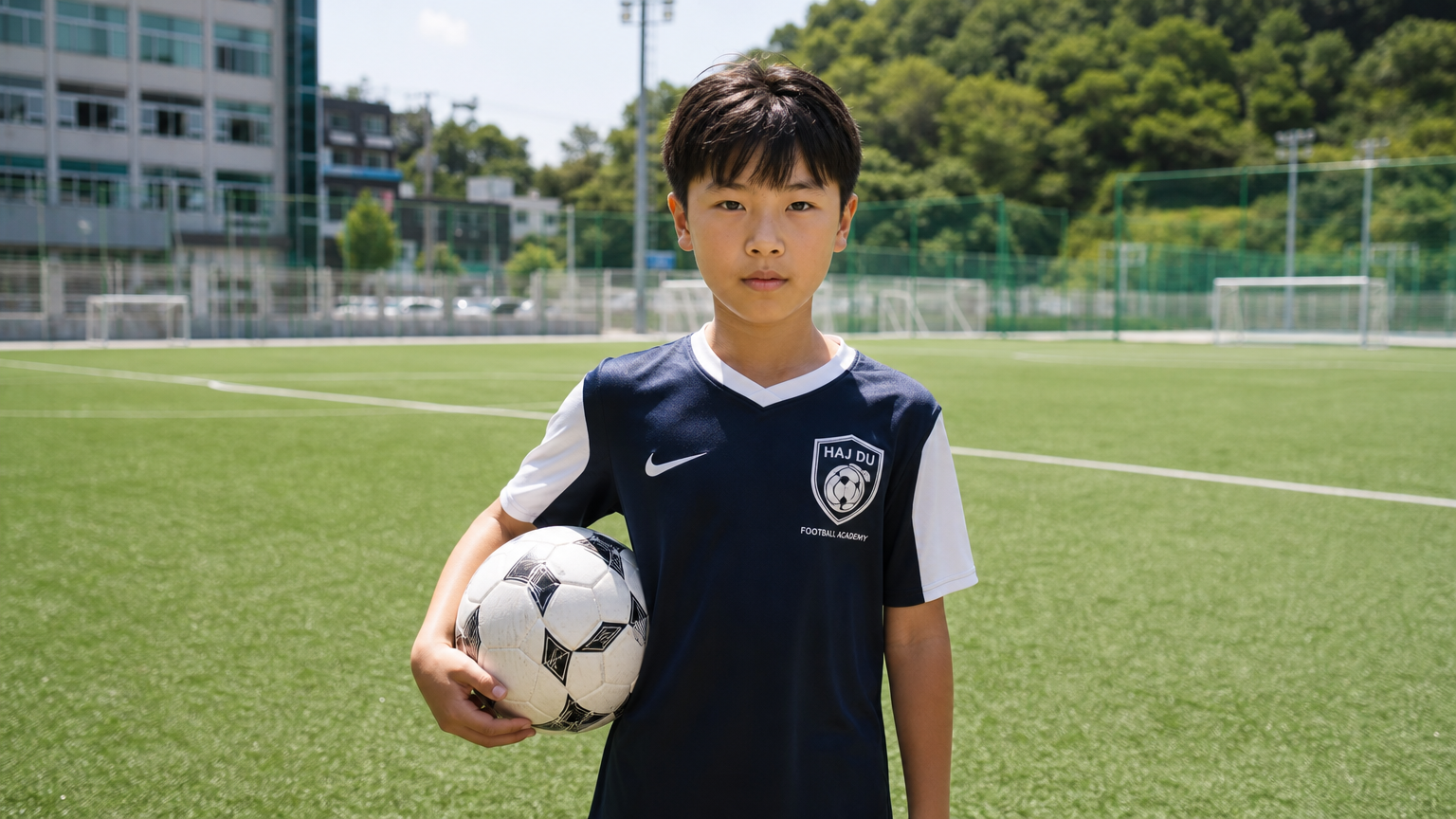 축구공을 든 어린 소년이 푸른 필드 위에서 결연한 표정을 짓고 있는 모습