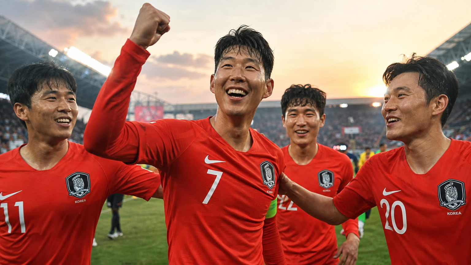 경기 승리 후 동료들과 함께 경기장에서 환호하는 모습