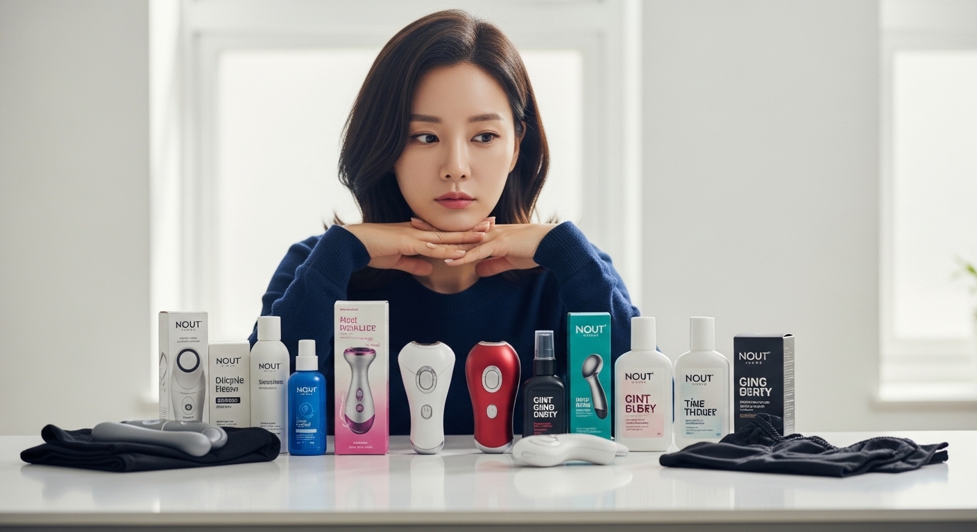 다양한 성인용품을 앞에 두고 고민하는 현대 여성의 모습