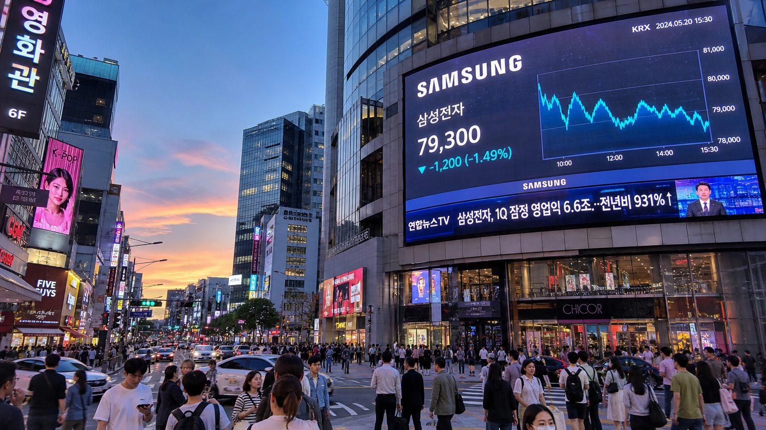 현대적인 한국 도시 풍경에 삼성 주가가 표시된 빌보드와 뉴스 스크린