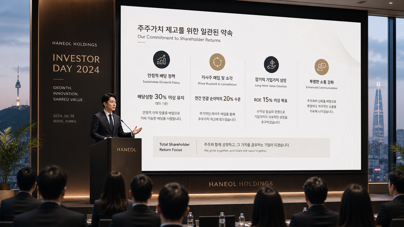 서울에서 열린 기업 회의에서 주주 환원 정책에 대한 세련된 재무 발표