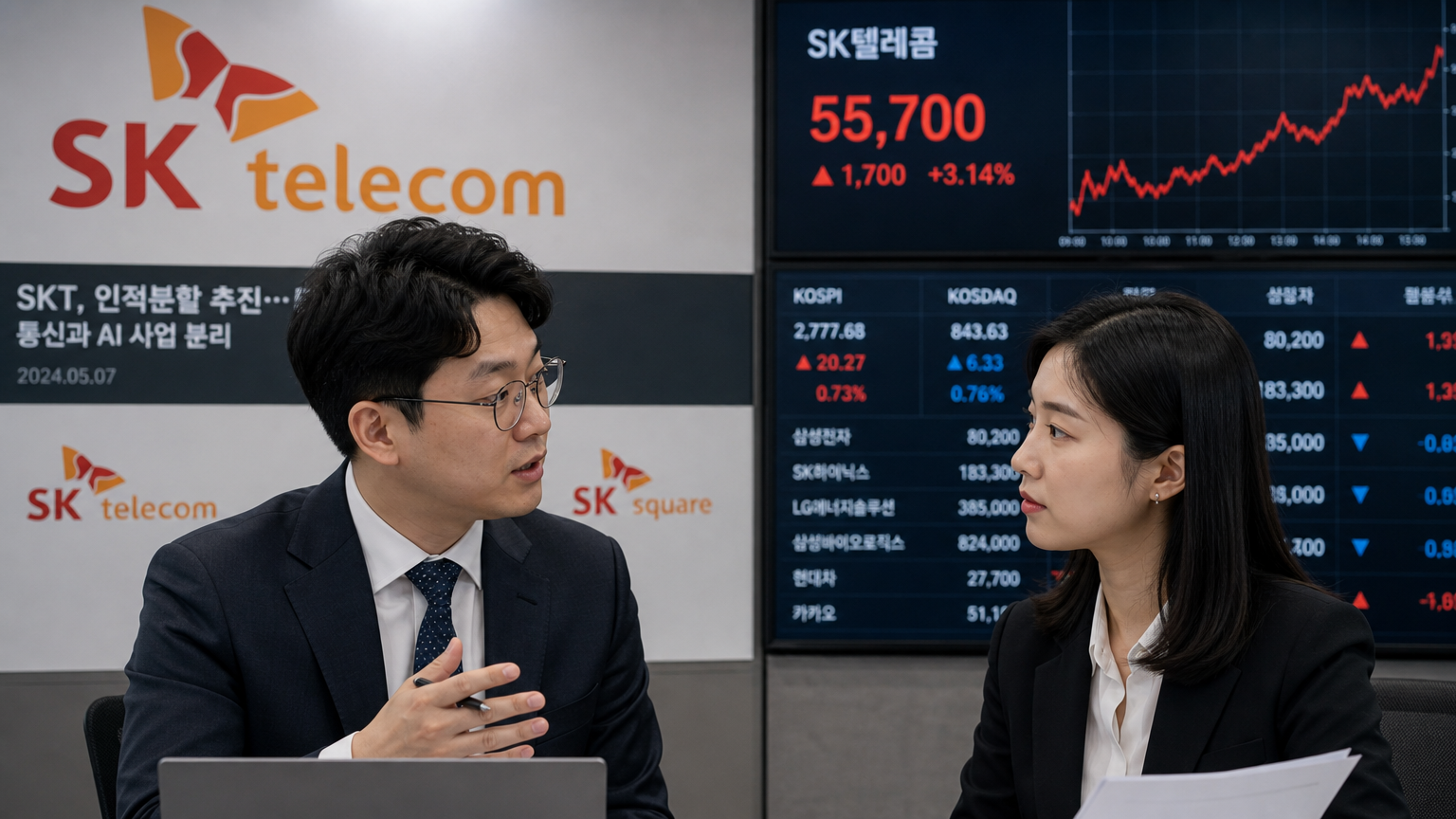 두 회사로 분할된 SK텔레콤의 상황을 논의하는 비즈니스 전문가들