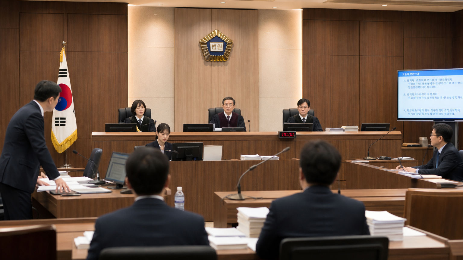 현대적인 한국 법정에서 판사와 변호사가 중요한 사건을 논의하는 모습