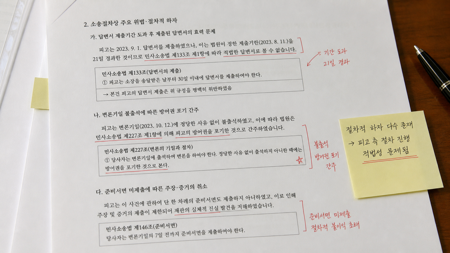 한국 변호사가 절차적 오류를 분석하는 장면과 관련된 문서 클로즈업