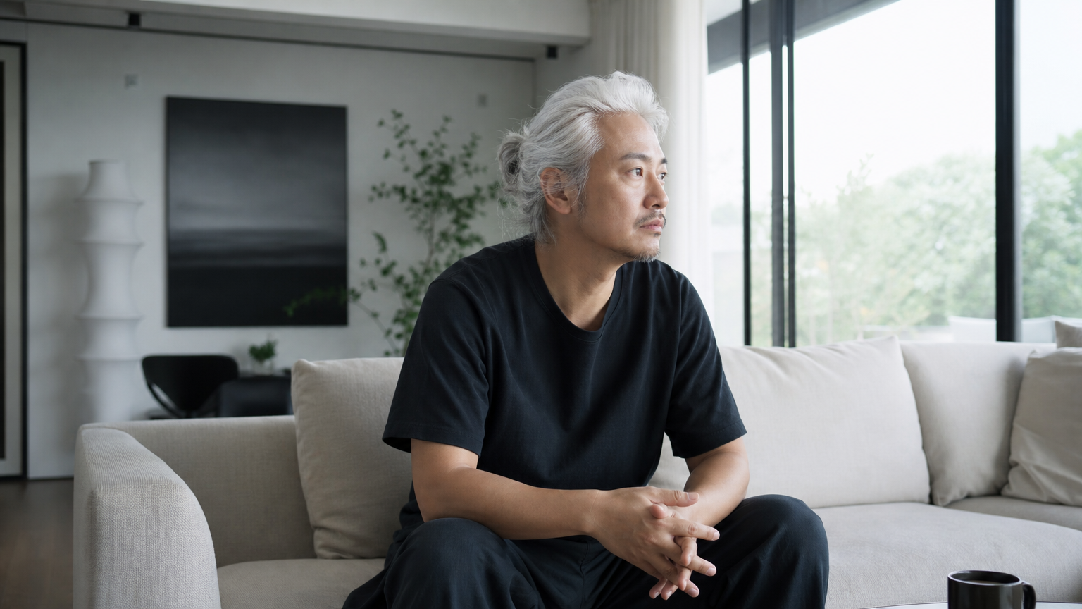 중년 남성이 자연광이 드는 현대적인 거실에 앉아 사색에 잠긴 모습