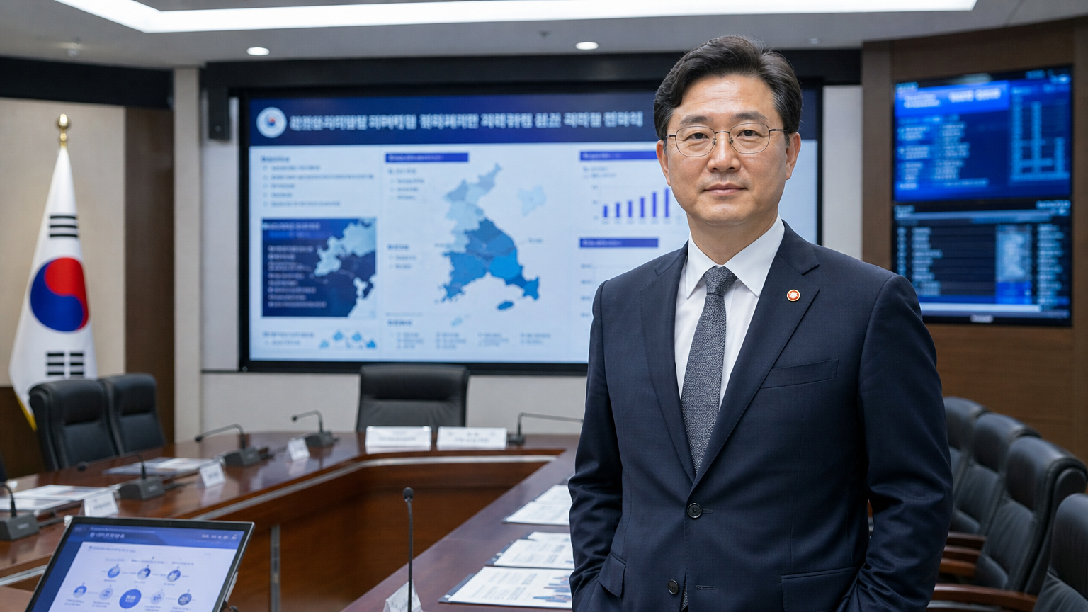 정장 차림의 한국 남성 공무원이 전략 계획이 표시된 회의 테이블 앞에 서 있는 모습